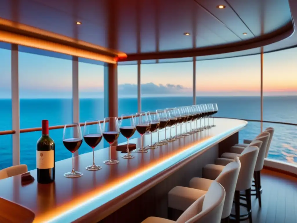 Una barra de crucero elegante y moderna, iluminada suavemente, llena de copas de vino en tonos rojos, con vista al mar y atardecer dorado