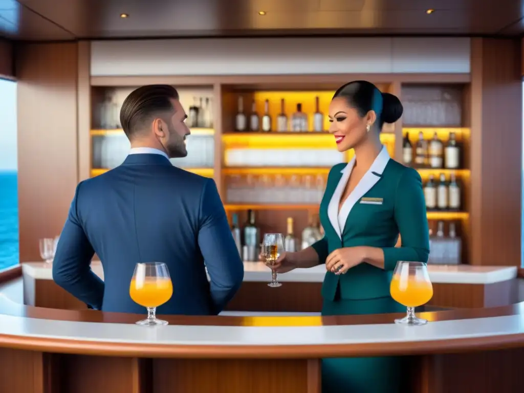 Bartenders preparando cocteles icónicos en elegante bar de crucero, con vista al mar al atardecer