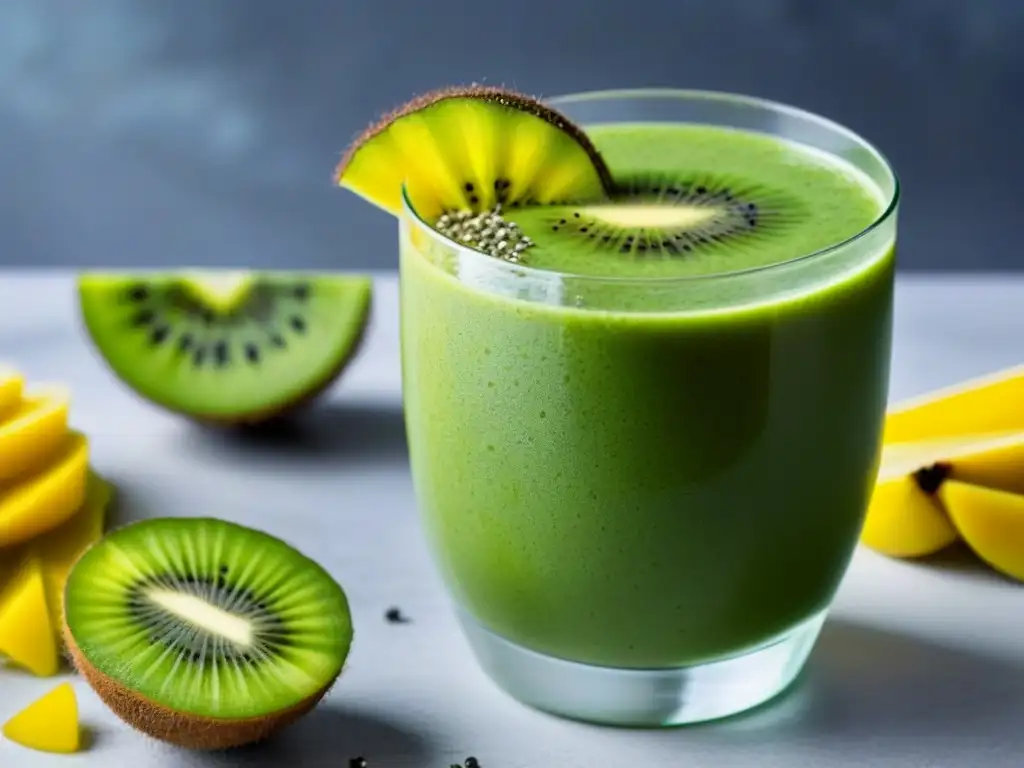 Un batido verde con kiwi y chía en un vaso alto sobre una mesa blanca moderna