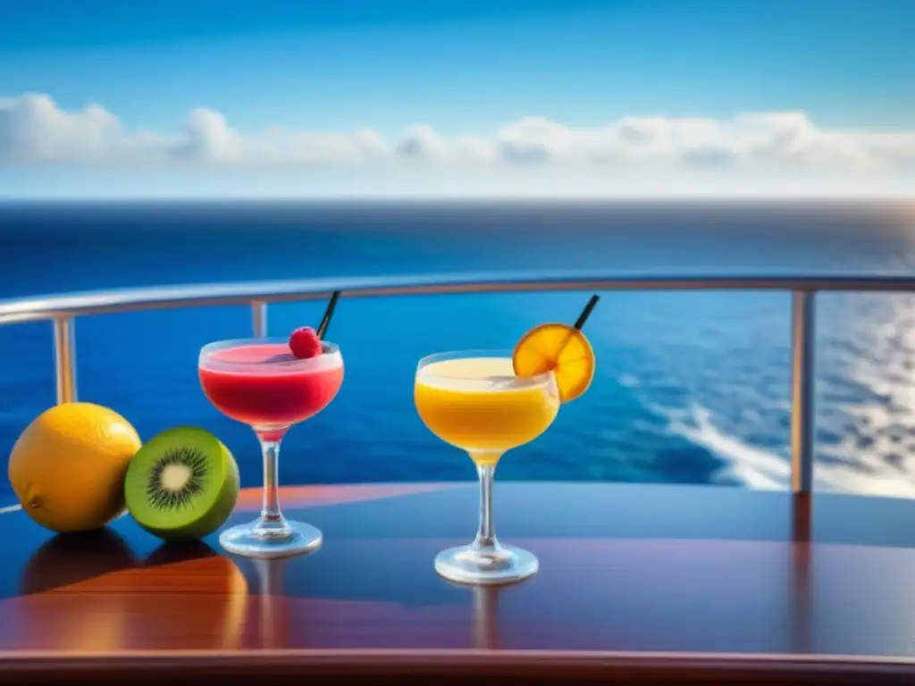 Batidos refrescantes en cruceros: coloridos cócteles y smoothies en cubierta, con vista al mar y cielo azul