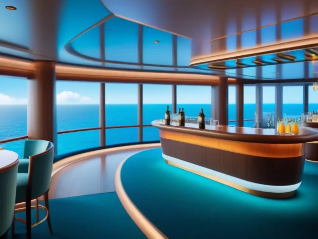 Bebidas sin alcohol en cruceros: Bar moderno y elegante a bordo de un lujoso barco, con mocktails creativos y vista al mar