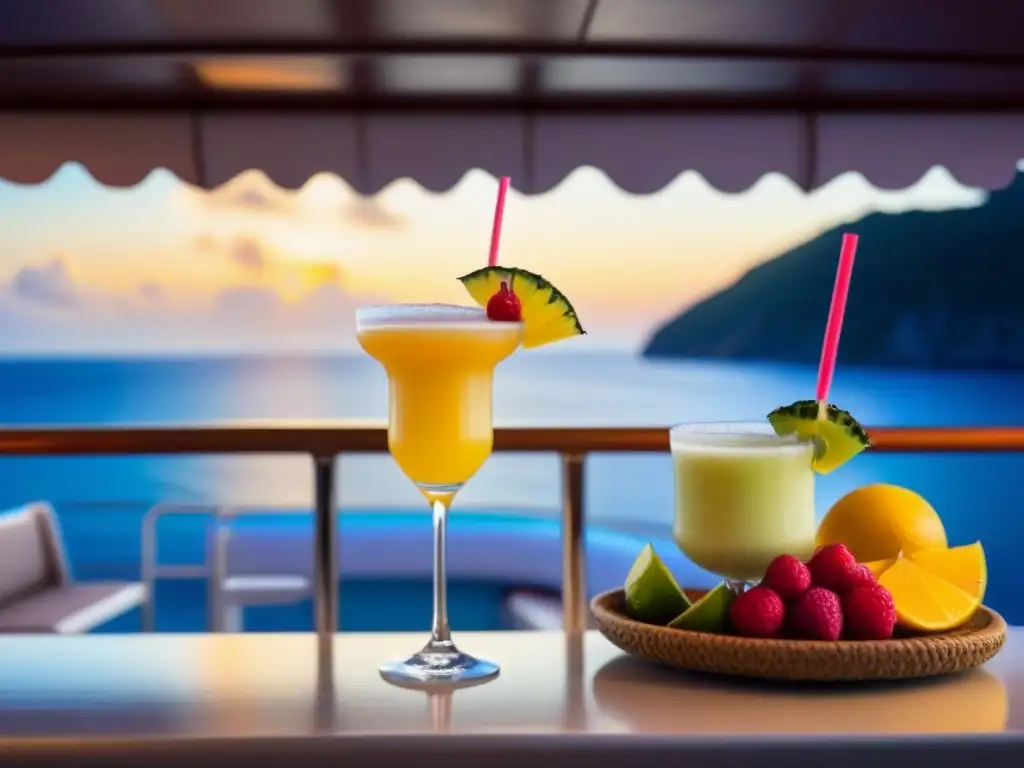 Bebidas tropicales en cruceros: un elegante mostrador de bar repleto de cócteles coloridos en un ambiente relajante al atardecer