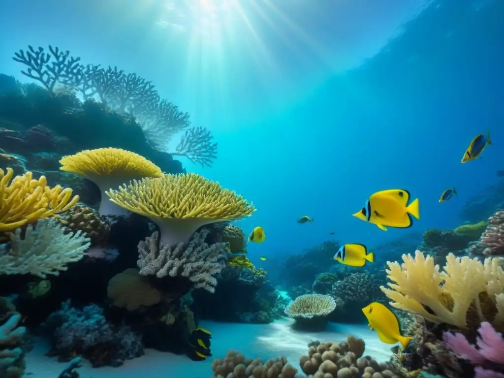 Explora la belleza de un arrecife de coral vibrante, peces coloridos y plantas marinas en el fondo del océano