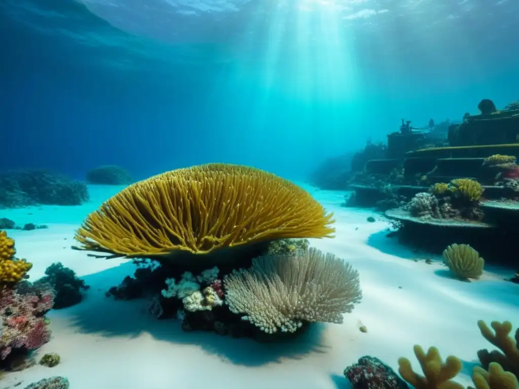 Explora la belleza del fondo marino: arrecifes de coral, peces coloridos y un barco hundido, todo iluminado por la luz filtrada del sol