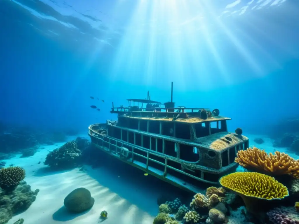 Explorando la belleza y misterio de la arqueología subacuática en cruceros: un naufragio rodeado de coral y peces brillantes bajo el sol