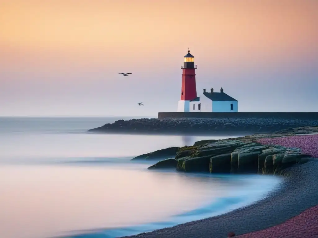 La belleza de los Sitios de patrimonio mixto marítimo en un paisaje costero al amanecer con faro, ruinas antiguas, barcos y gaviotas