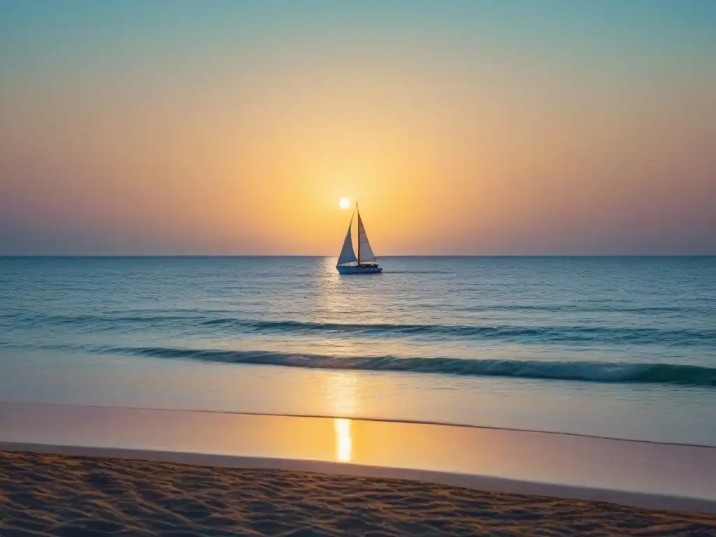 Paisaje marino sereno al atardecer: paz y libertad en 8k Un bello atardecer en el mar con un velero solitario, transmitiendo paz y libertad para el bienestar psicológico y el turismo marítimo