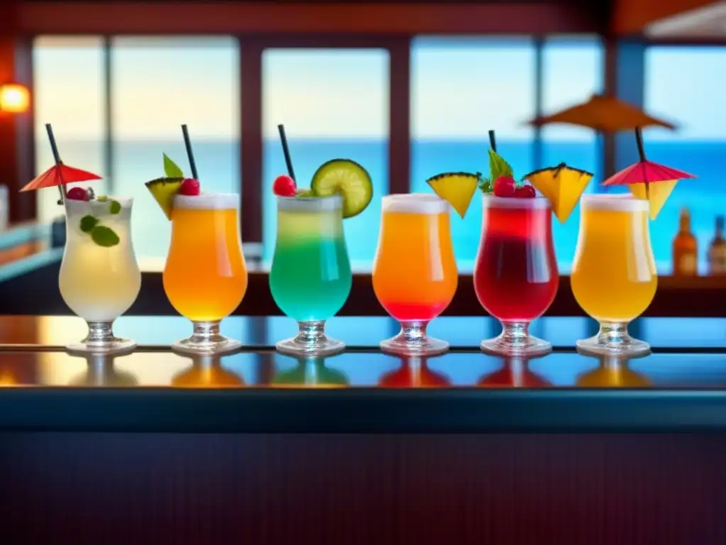 Beneficios paquetes bebidas crucero: Cócteles tropicales coloridos en bar elegante, con vista al mar y crucero al fondo