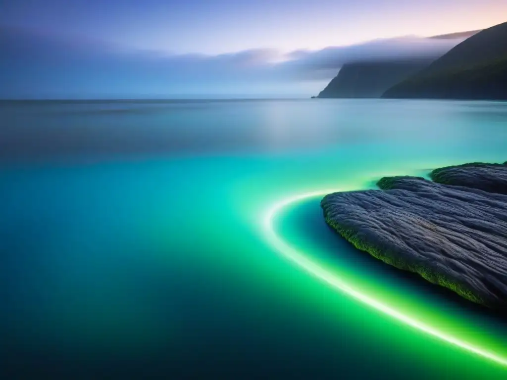 Fotografiando la bioluminiscencia marina en colores vibrantes en el oscuro océano tranquilo