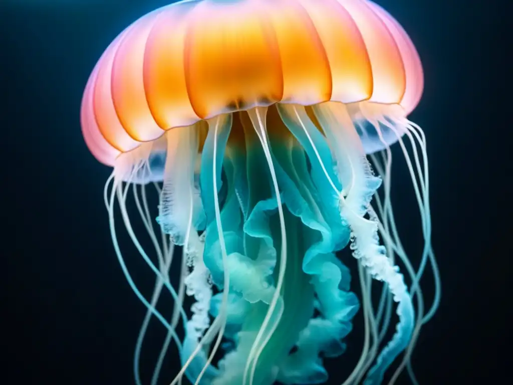 Fotografiando bioluminiscencia marina colores: Medusa del mar profundo emitiendo suavidad azul