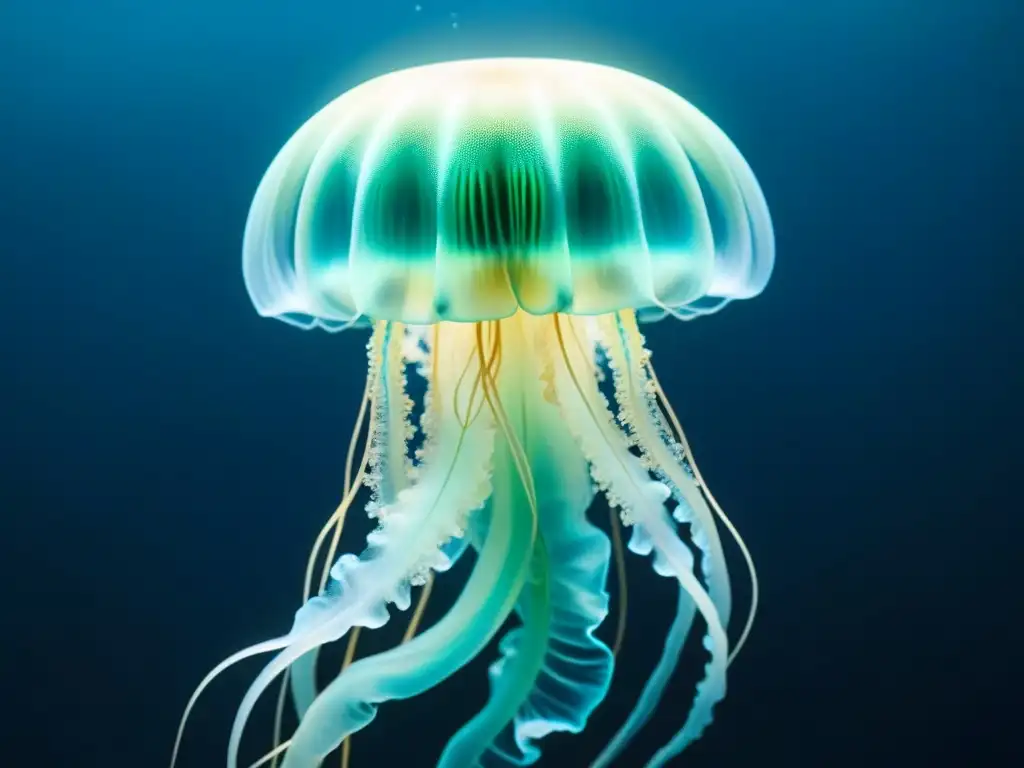 Fotografiando la bioluminiscencia marina colores de una medusa brillante en el oscuro océano, creando un ambiente mágico y enigmático