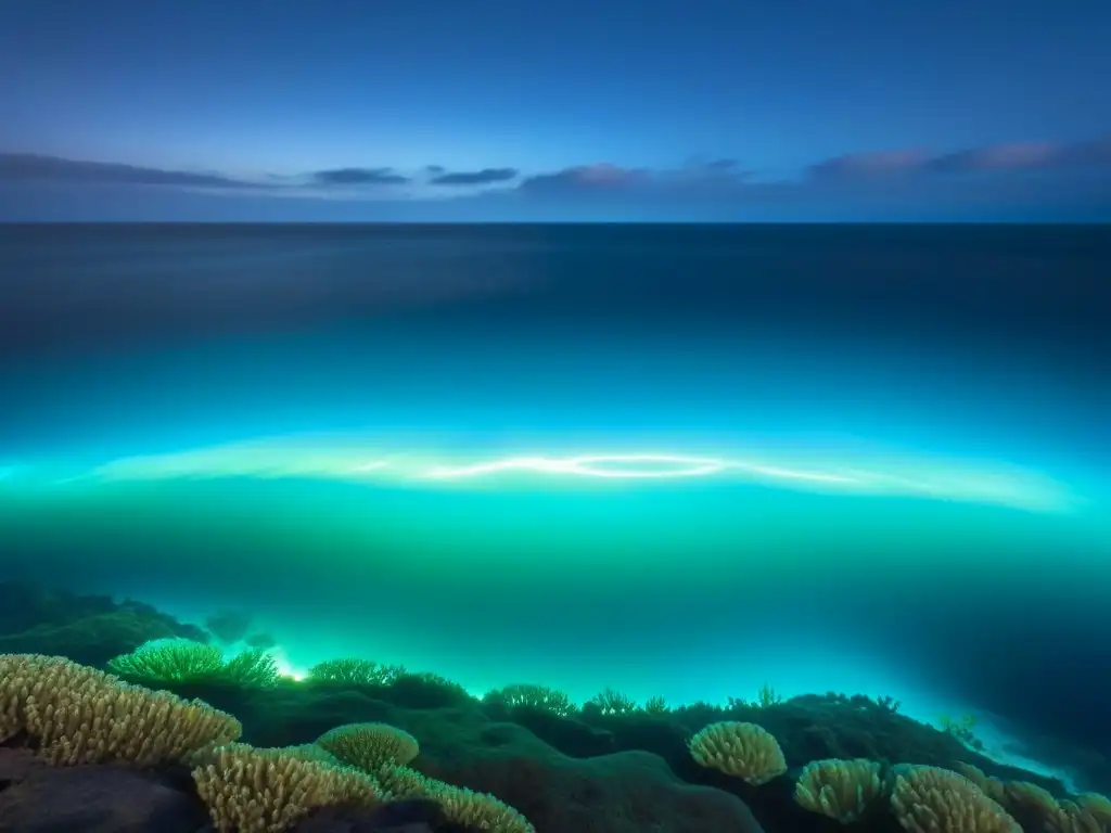 Fotografiando bioluminiscencia marina colores en la oscuridad del océano con organismos brillantes