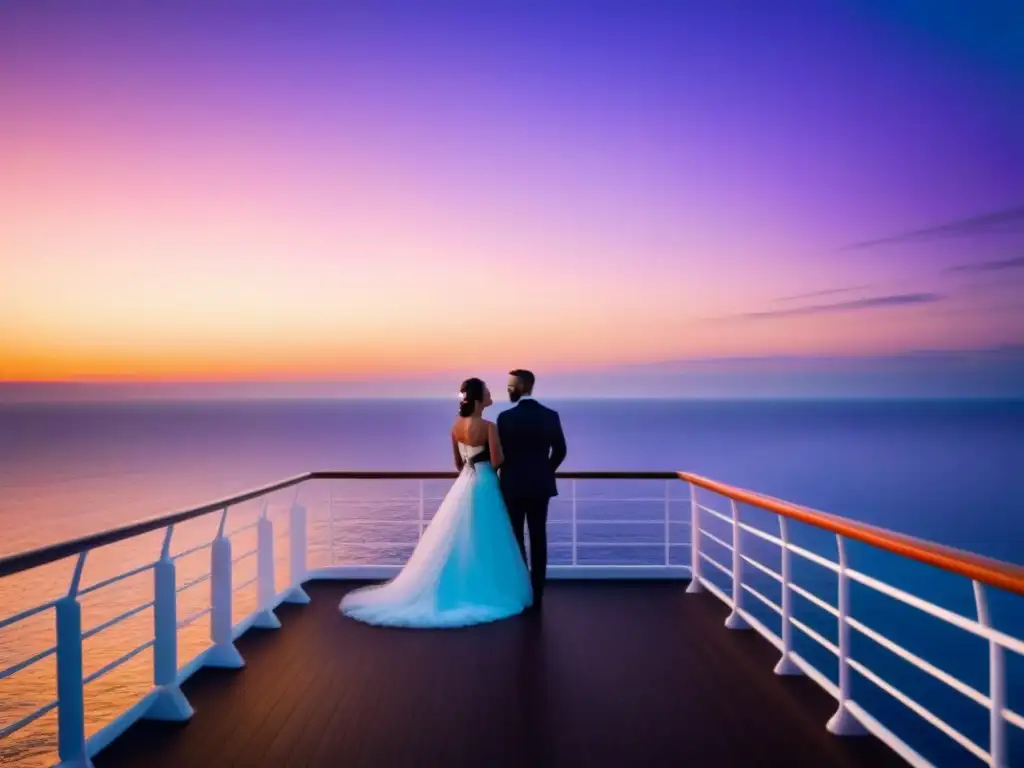 Una boda íntima al atardecer en un crucero de lujo, reflejando la serenidad del mar