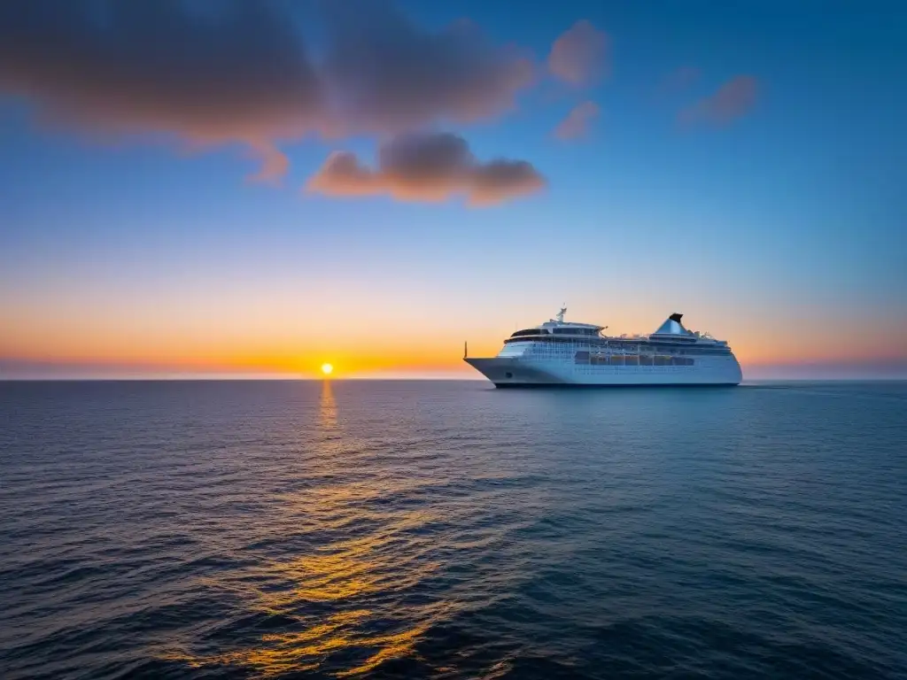 Una romántica fotografía de bodas en crucero durante el atardecer sobre el océano