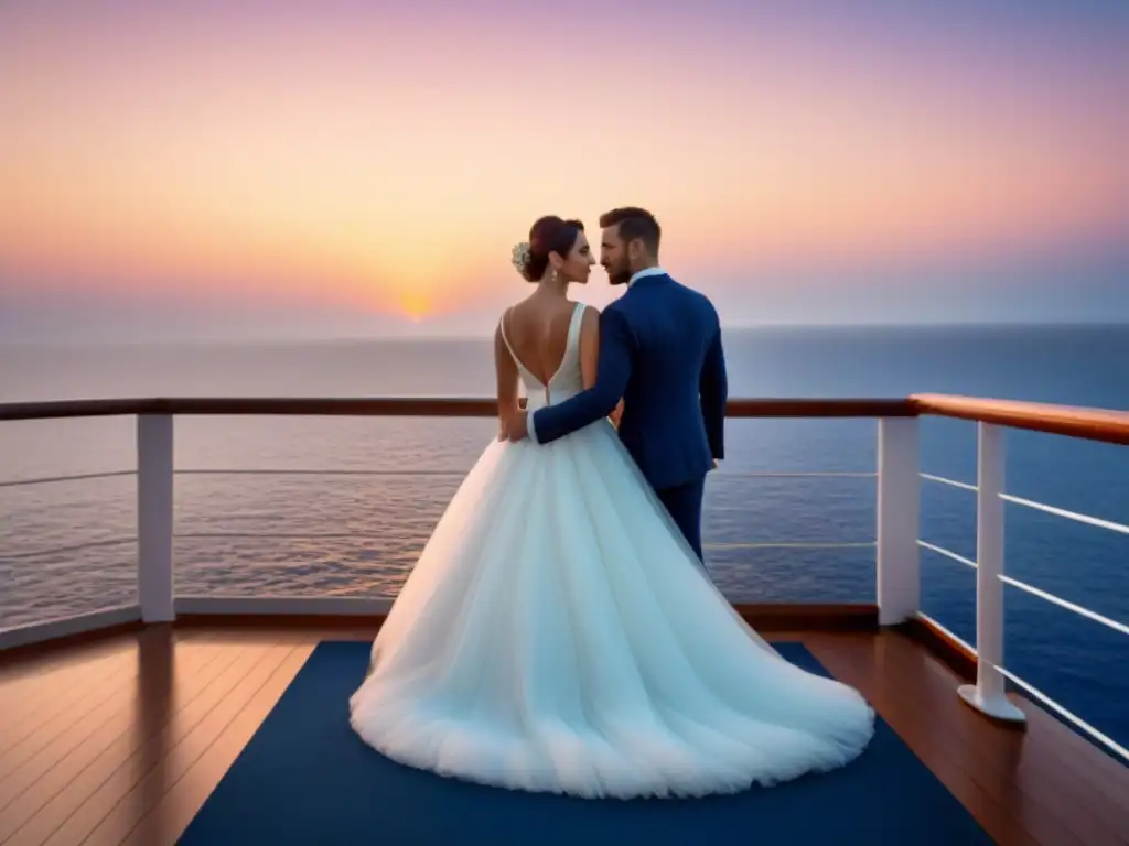 Una romántica fotografía de bodas en crucero, con novios en cubierta, mirándose amorosamente con el mar de fondo al atardecer