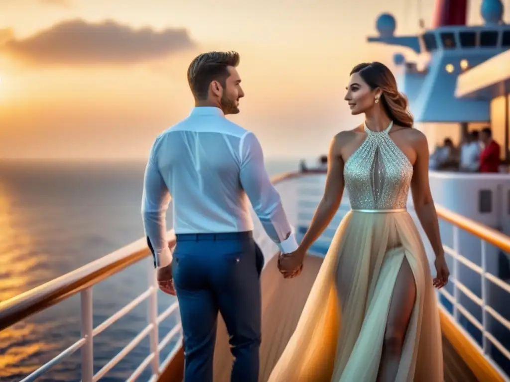 Una romántica Fotografía de bodas en crucero con pareja de recién casados celebrando amor en un atardecer dorado sobre el mar