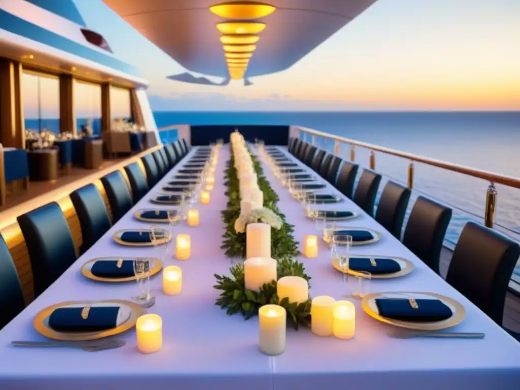 Boda de lujo al atardecer en crucero Organizar bodas en cruceros exclusivos: elegante cena al atardecer en cubierta con decoración náutica y luces cálidas