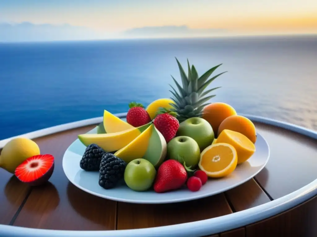 Un bodegón de frutas frescas y coloridas en un plato, con vista al mar desde un crucero