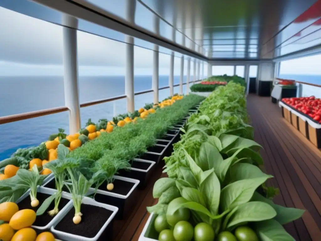 Un jardín a bordo con frutas y verduras frescas, iluminado suavemente, en armonía con el mar