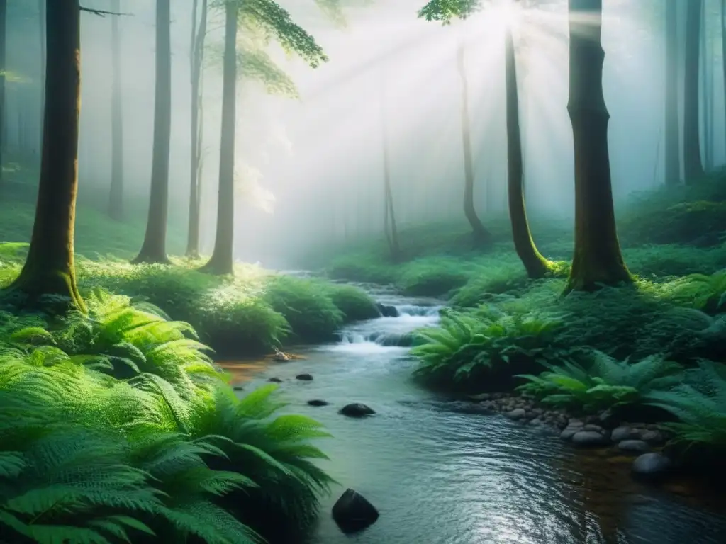 Un bosque exuberante con un arroyo serpenteante, árboles altos y follaje vibrante