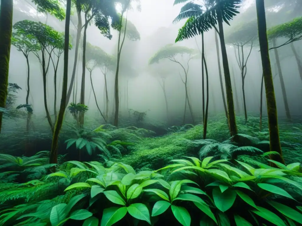 Un bosque lluvioso exuberante con rayos de sol filtrándose entre las hojas, creando un efecto moteado en el suelo