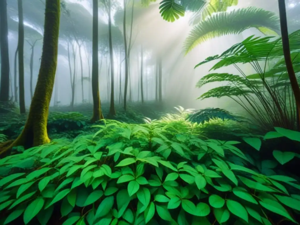 Un bosque tropical exuberante con luz filtrándose entre las hojas