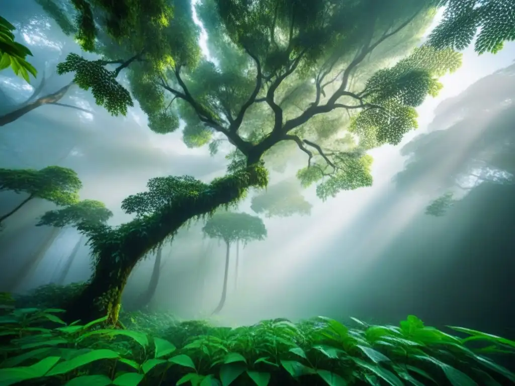 Un bosque tropical exuberante con la luz del sol filtrándose entre las hojas, reflejando en el suelo del bosque