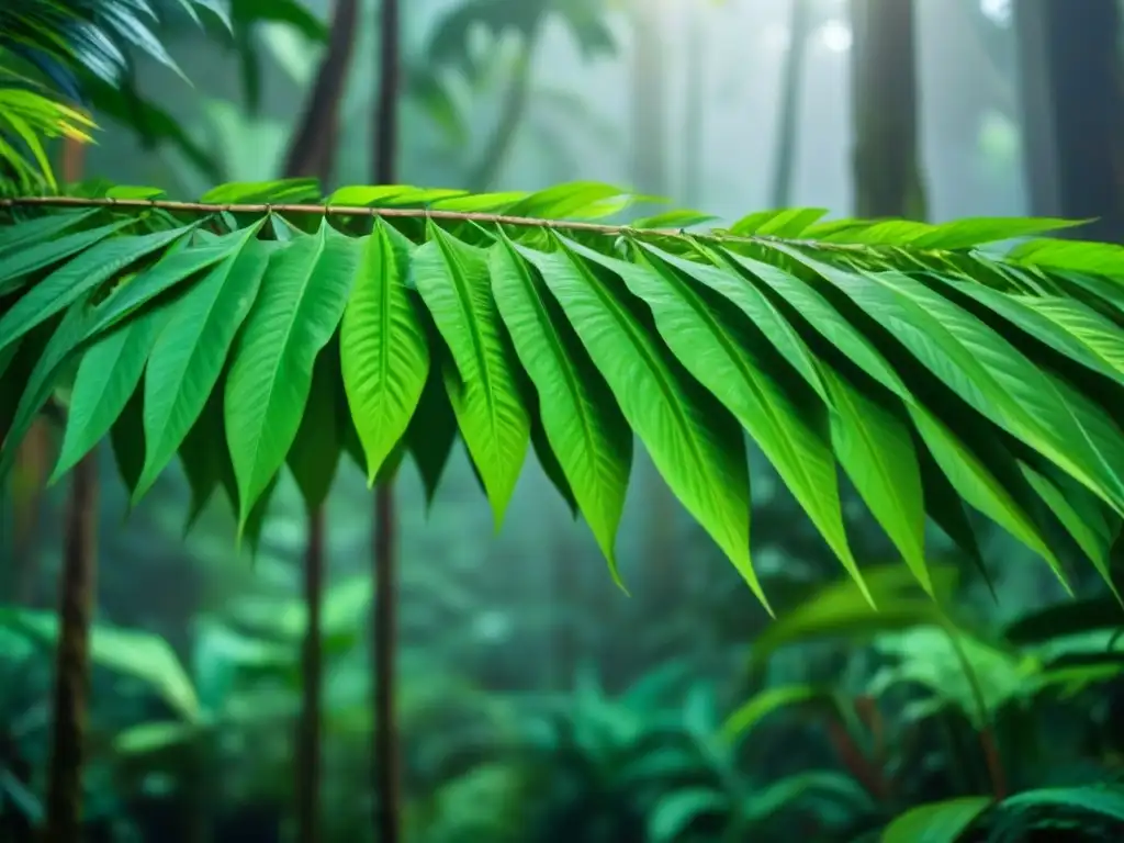 Un bosque tropical exuberante con luz solar filtrándose entre las frondosas copas de los árboles, transmitiendo calma y belleza natural