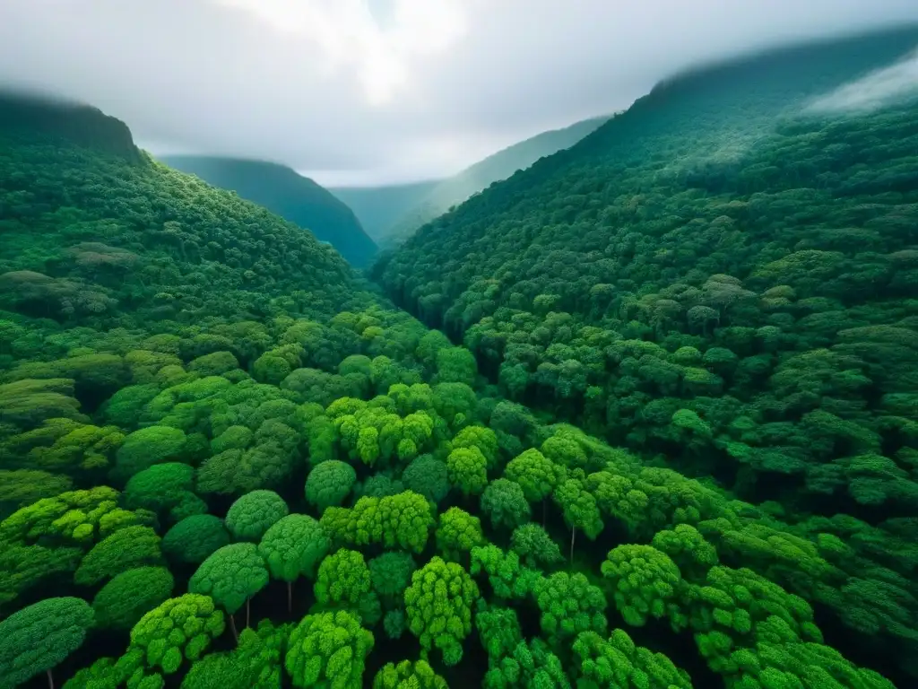 Un bosque tropical exuberante desde arriba, con luz filtrándose entre el follaje verde