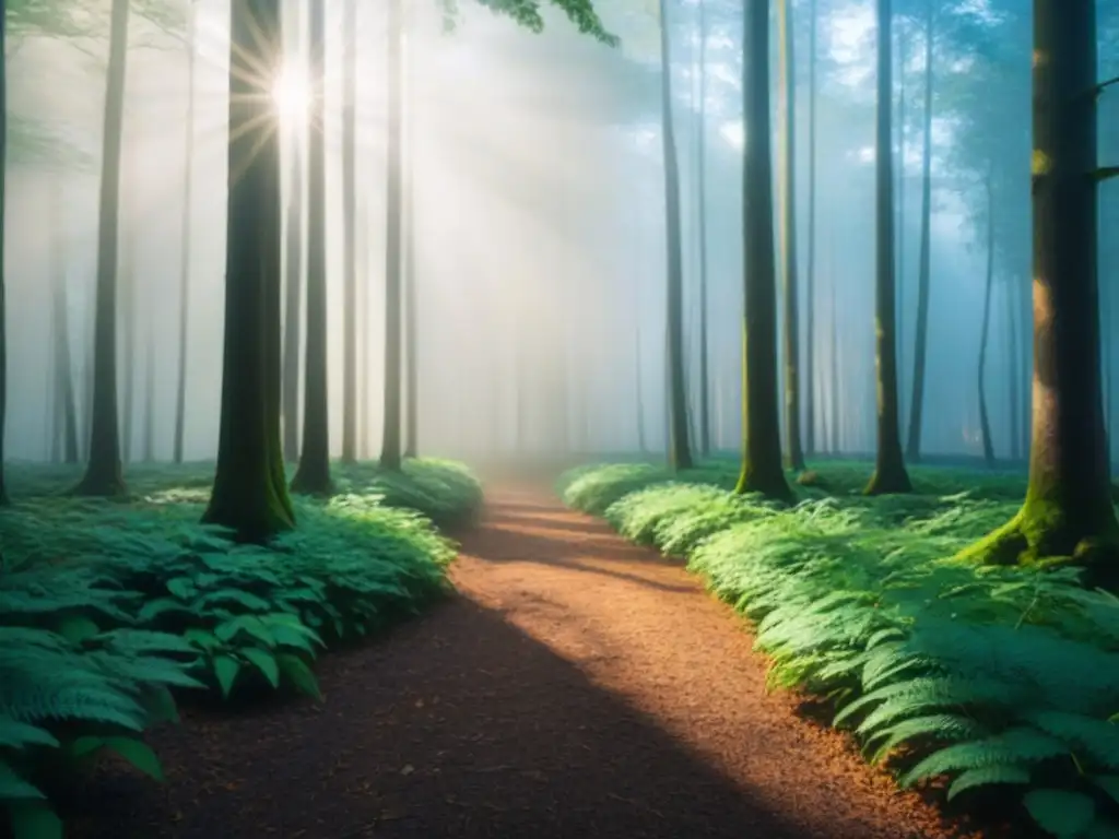 Un bosque verde exuberante con luz solar filtrándose entre las hojas, creando sombras en el suelo del bosque