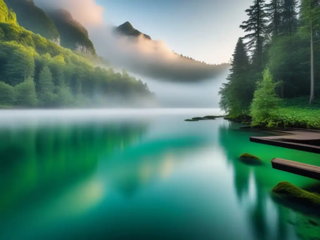 Un bosque verde exuberante reflejado en un lago cristalino, mostrando la tranquilidad de la naturaleza en aventuras ecológicas en crucero