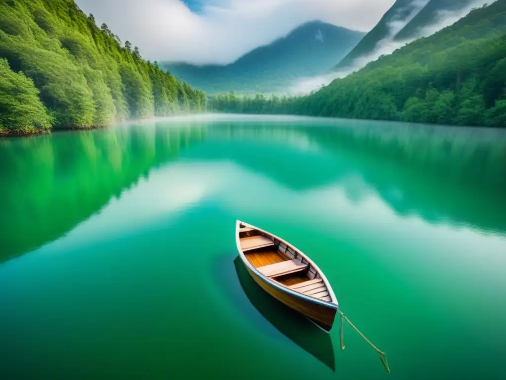 Un bosque verde reflejado en un lago, con un bote flotando