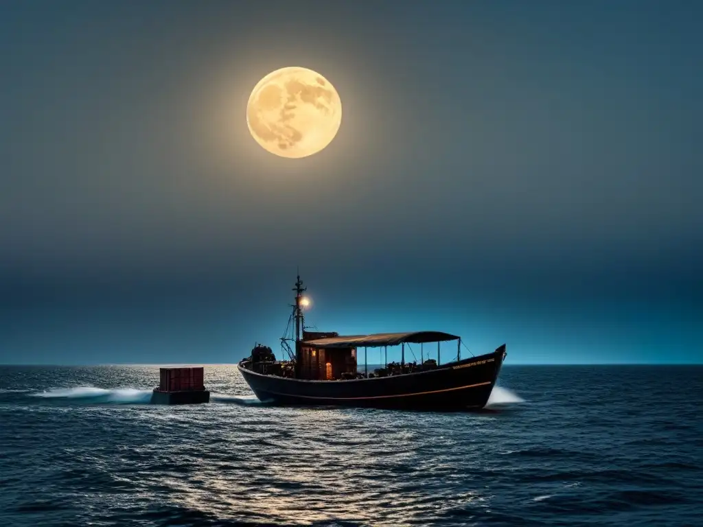 Un bote de contrabando negro navega en secreto bajo la luz de la luna en rutas marítimas contrabando secretas