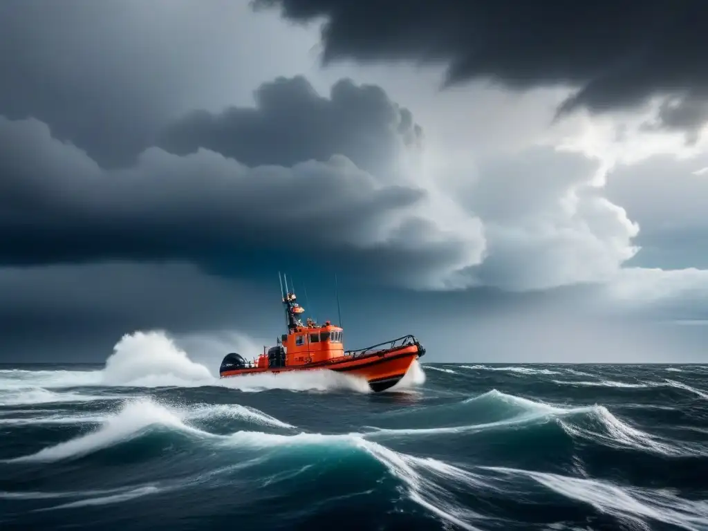 Un bote salvavidas en aguas agitadas bajo tormenta, con equipo de supervivencia