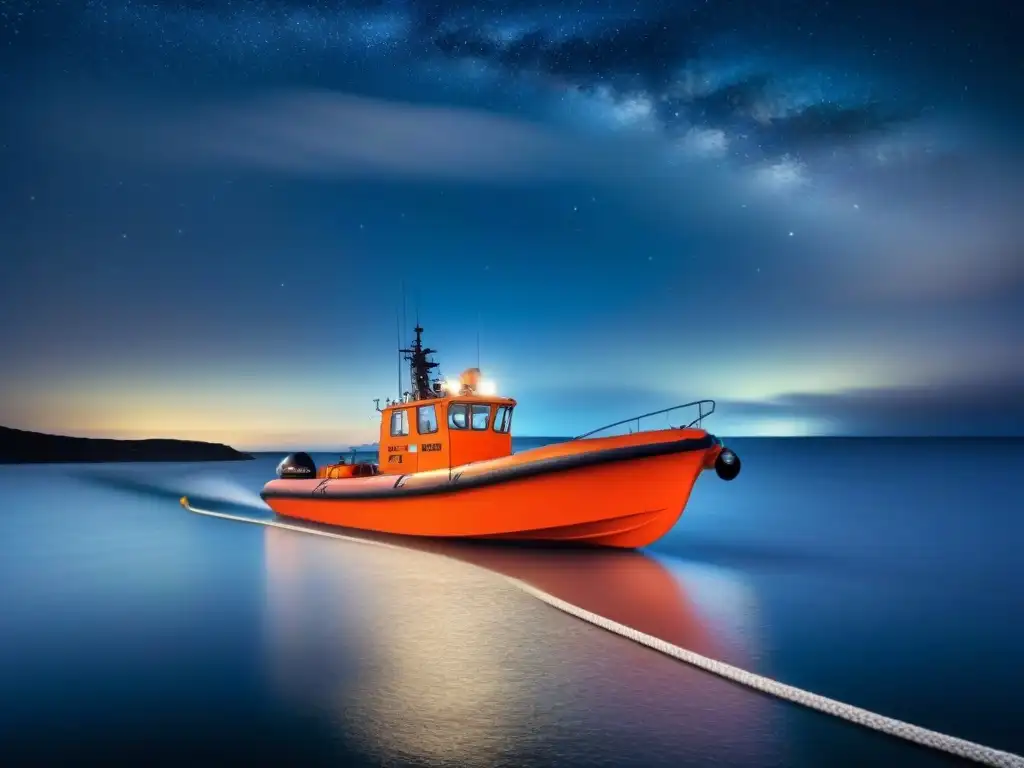 Tranquilidad en alta mar: bote salvavidas bajo el cielo estrellado Un bote salvavidas en aguas tranquilas bajo un cielo estrellado, transmite seguridad en cruceros emergencia
