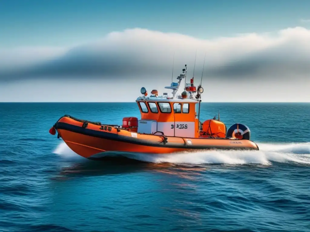 Un bote salvavidas equipado en el mar tranquilo bajo un cielo azul, destacando su precisión y claridad en diseño