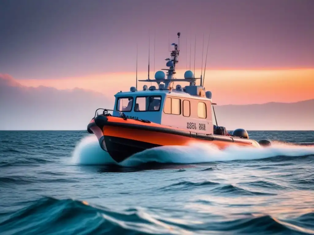 Un bote salvavidas moderno y detallado en un mar tranquilo al atardecer, destacando la Seguridad en cruceros marítimos