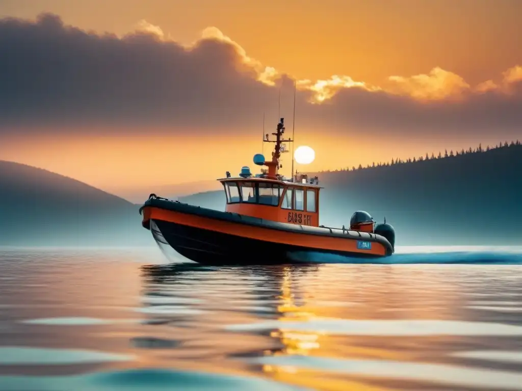 Un bote salvavidas suspendido sobre aguas tranquilas al atardecer, resaltando su función y mantenimiento