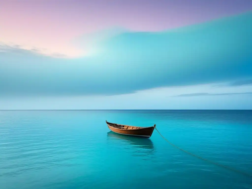 Un bote solitario en un mar turquesa, bajo un cielo pastel