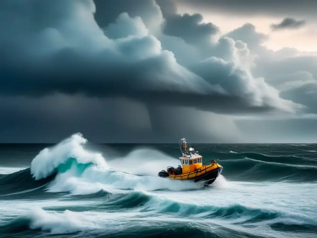 Un bote solitario luchando contra olas gigantes en un mar tormentoso bajo un cielo oscuro y ominoso