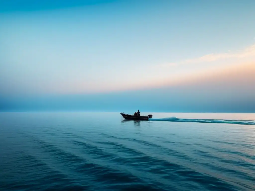 Un bote tranquilo navega en un mar calmado bajo un cielo azul, transmitiendo seguridad y paz