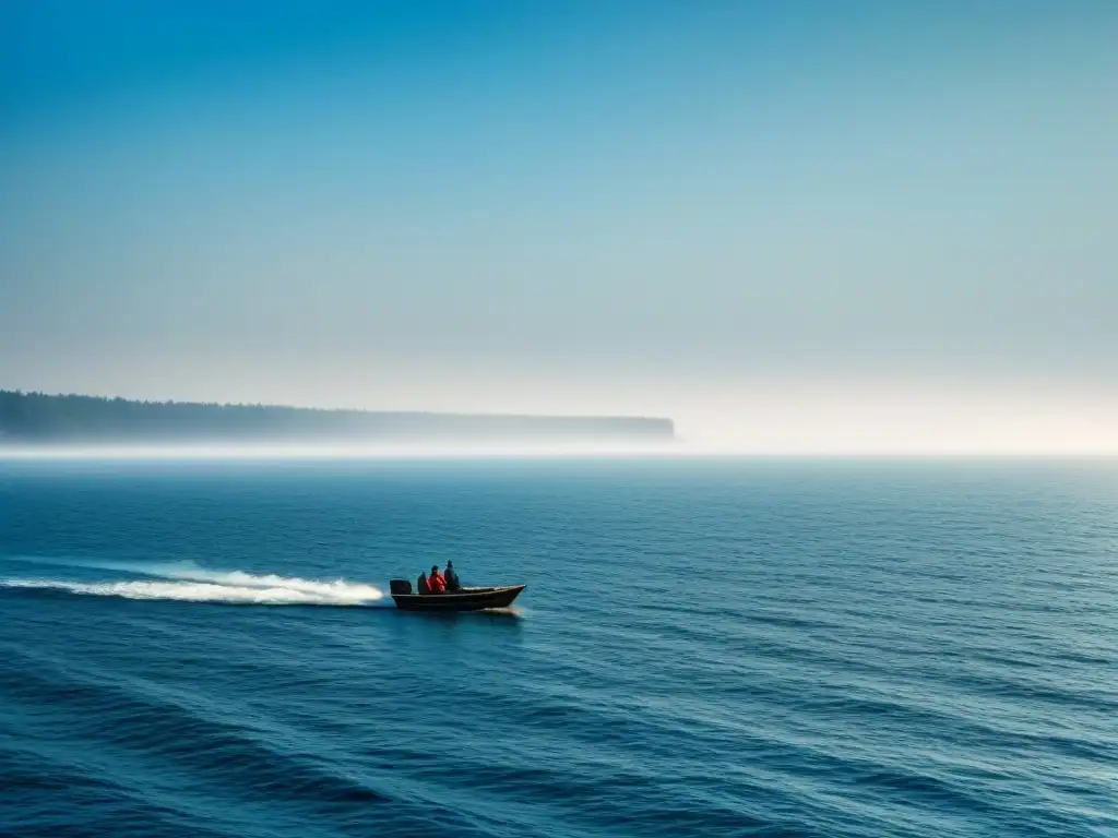 Un bote navega tranquilo en un mar sereno y azul, transmitiendo calma y seguridad