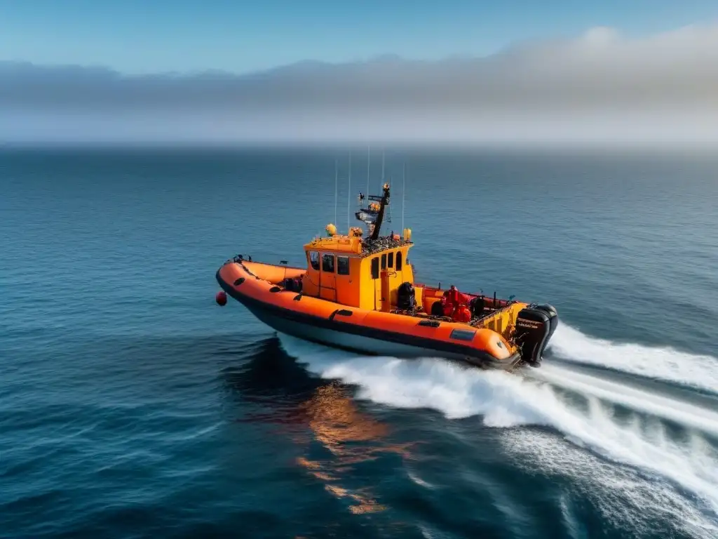 Un bote salvavidas vacío en el mar calmado al atardecer, evocando seguridad y tranquilidad