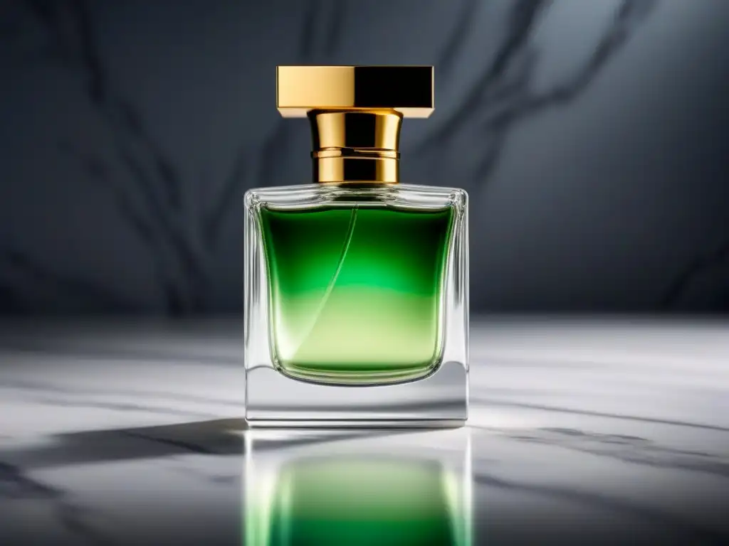 Botella de perfume elegante en mármol blanco, iluminada naturalmente