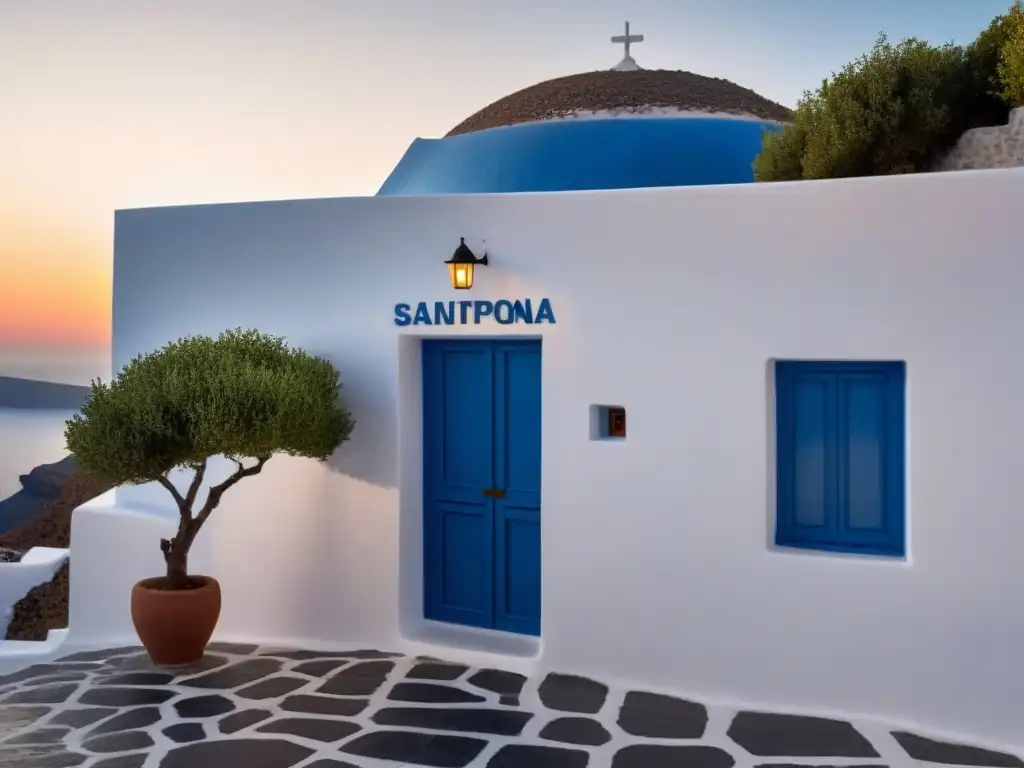 Una boutique de lujo en Santorini con arquitectura minimalista y un olivo en la entrada