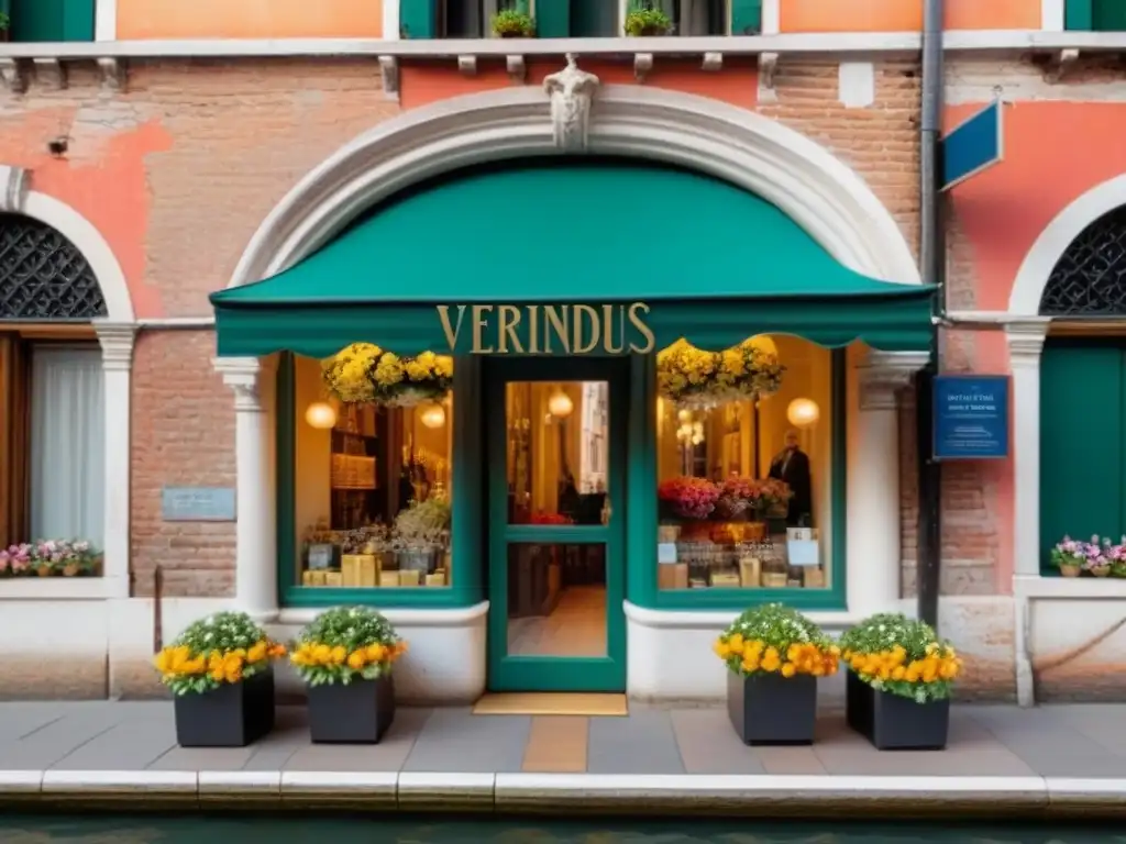 Una boutique de lujo en Venecia con arquitectura veneciana, detalles intrincados y ventanas arqueadas, rodeada de coloridas flores y góndolas