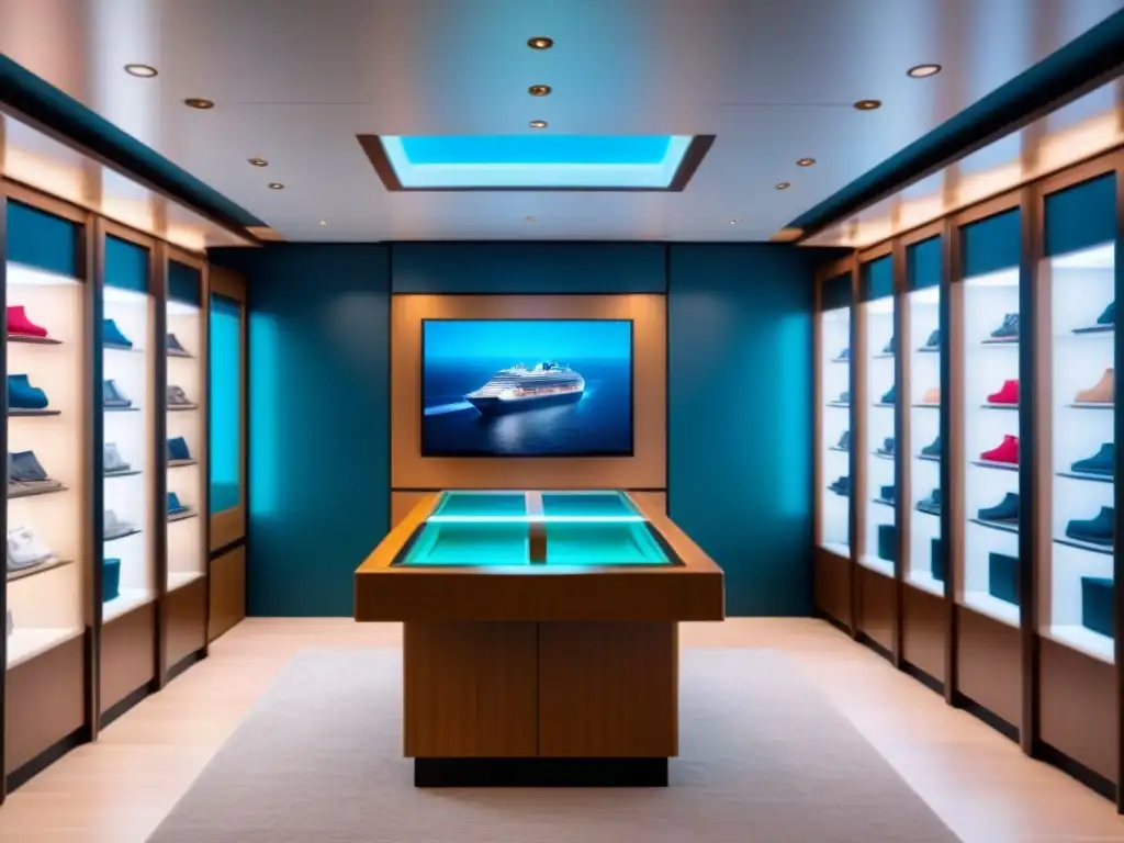Boutique de lujo en crucero: moda y accesorios elegantes Una boutique de lujo en un crucero, exhibiendo prendas y accesorios elegantes en un ambiente sofisticado con iluminación suave