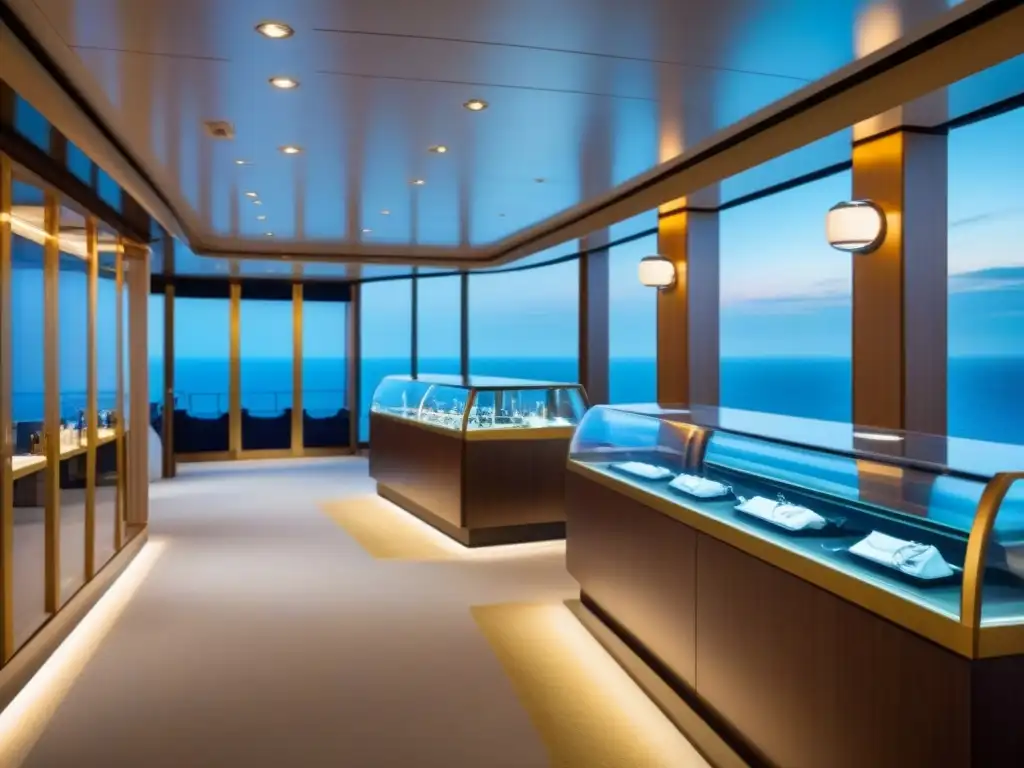 Boutique de lujo en crucero: Relojes, joyas y bolsos de diseño Una boutique de lujo en un crucero, con relojes, joyas y bolsos de diseñador en un elegante ambiente frente al mar