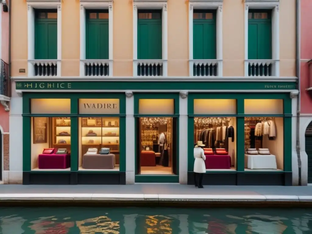 Boutique de lujo en Venecia con diseño minimalista y escaparates elegantes, frente a la icónica arquitectura veneciana y un canal sereno con góndolas