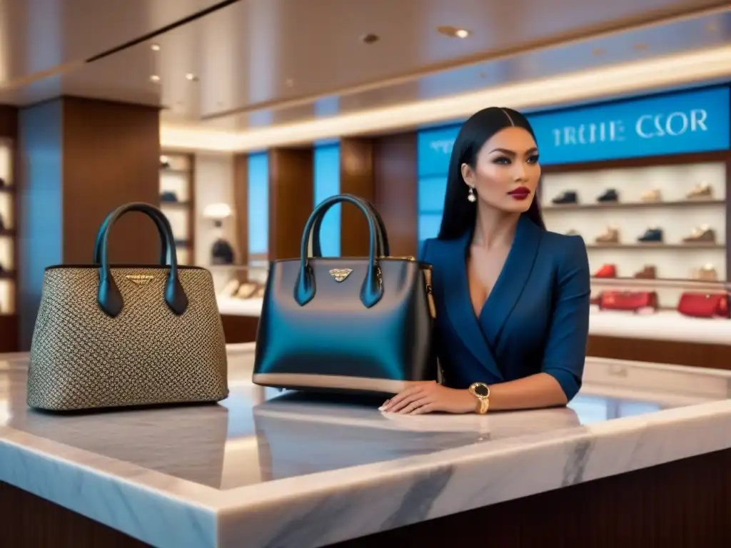 Tienda de lujo en crucero: moda y joyas exclusivas Boutique de lujo en crucucero con elegantes artículos de diseñador en mármol y luz ambiental
